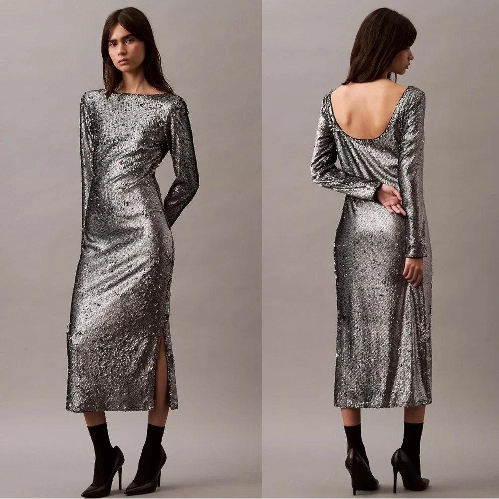 Calvin Klein Silver Sequin Midi Dress - Picture 1 of 12